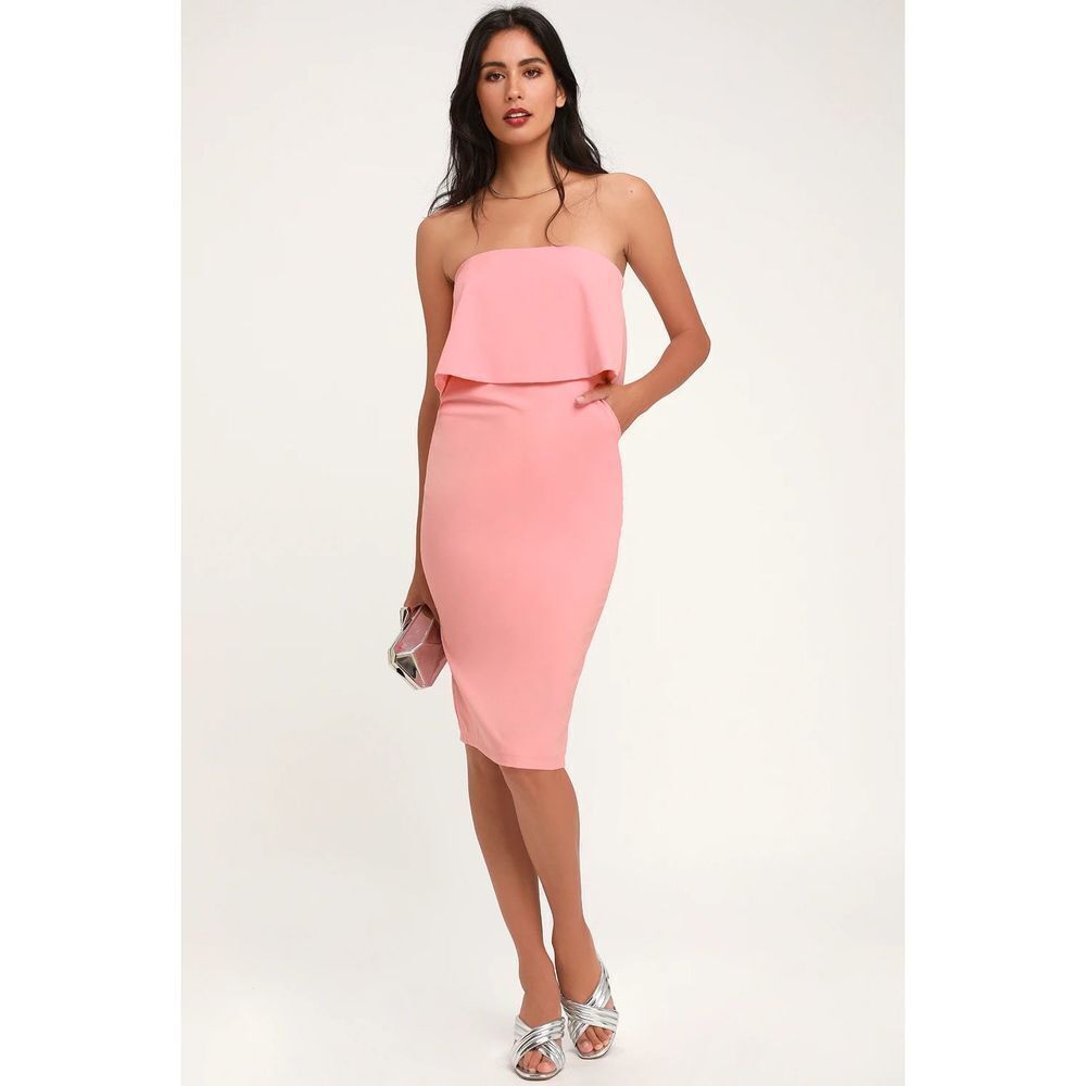 🔥5/$25 sale🔥 Lulu’s Lots of Love Light Pink Strapless Midi strapless flounce Dre
